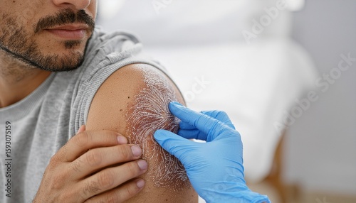 A medical professional examining a skin condition on a person's arm, highlighting the importance of medical attention and care