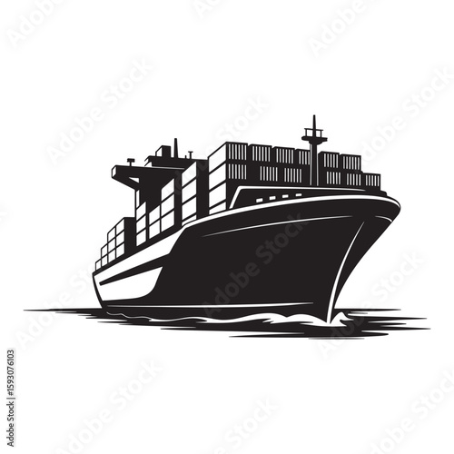 Black silhouette of a cargo ship carrying containers on water container ship maritime