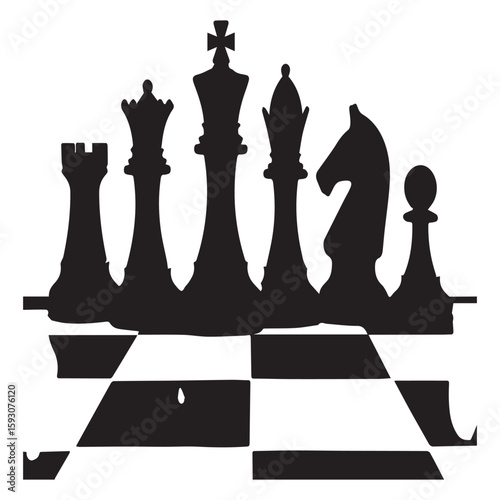A silhouette of chess pieces arranged on a checkered board creates a sense of strategy and intellectual challenge in the game