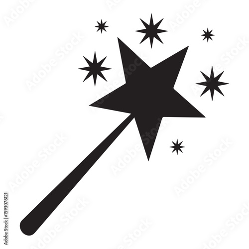 A simple black and white illustration of a magic wand with stars, isolated on white background, evoking a sense of fantasy and enchantment
