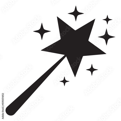 A simple black and white illustration of a magic wand with stars, isolated on white background, evoking a sense of fantasy and enchantment Vector Art
