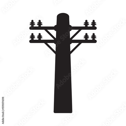 Black silhouette of a utility pole with insulators electricity power line