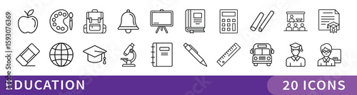 Education and Learning Minimalist Icon Set, A smart collection of 20 minimalist icons representing school supplies, learning tools, and academic symbols—ideal for education, e-learning, and teaching p