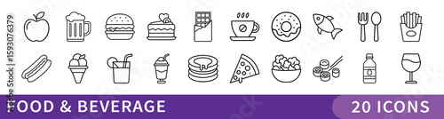 Food and Beverage Minimalist Icon Set, A tasty collection of 20 minimalist icons featuring drinks, snacks, and meals—ideal for restaurants, menus, food blogs, or culinary projects.
