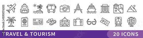 Travel and Tourism Minimalist Icon Set, A versatile set of 20 minimalist icons featuring travel gear, landmarks, and vacation elements—ideal for tourism, holidays, and destination-themed projects.
