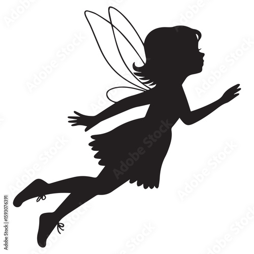 A whimsical fairy silhouette with delicate wings flutters gracefully, isolated on white background, bringing a touch of magic and enchantment to the scene