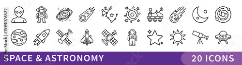 Set of 20 Space and Astronomy Line Icons Vector: Alien, Astronaut, Galaxy, Comet, Planet, Rocket, Satellite, Spaceship, Mars Rover, Moon, Sun, Telescope, UFO
