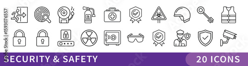 Security and Safety Minimalist Icon Set, A reliable set of 20 minimalist icons featuring safety gear, hazard signs, and protection symbols—ideal for security, emergency, or risk management projects.

