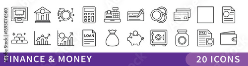 Finance and Money Minimalist Icon Set, A professional collection of 20 minimalist icons featuring financial tools, banking symbols, and money-related elements—ideal for business, fintech, or accountin