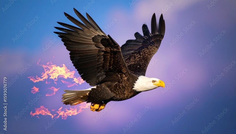 Obraz premium A majestic bald eagle in side profile, flying at full speed made of vibrant purple flames, with motion blur and glowing purple fire particles against a bright blue sky backdrop, full of energy