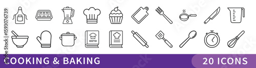 Cooking and Baking Minimalist Icon Set, A charming collection of 20 minimalist icons featuring kitchen tools, utensils, and baked goods—perfect for culinary, recipe, or food-related projects.
