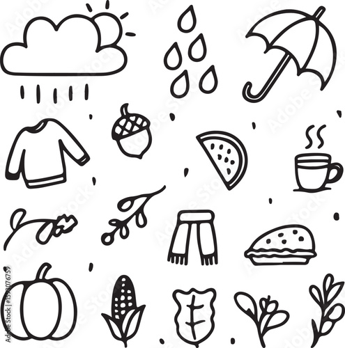 Autumnal elements collection with seasonal objects and weather icons fall nature