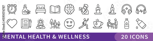 Mental Health and Wellness Icon Collection, A soothing set of 20 minimalist icons representing mindfulness, emotional well-being, and healthy lifestyle habits—ideal for wellness and self-care projects