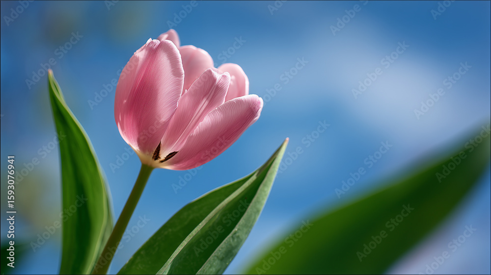 Naklejka premium 花が夏の青空に優美に咲くピンクチューリップ