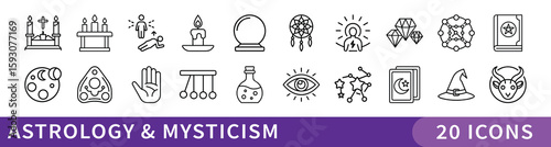 Astrology and Mysticism Icon Set Bundle, A mystical collection of 20 minimalist icons themed around astrology, magic, and spiritual symbols for esoteric or occult design projects.
