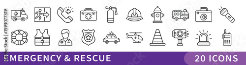 Emergency and Rescue Services Line Icon Set, Set of 20 thin line icons representing emergency response, rescue tools, safety gear, and first aid—ideal for healthcare, disaster relief, and public safet