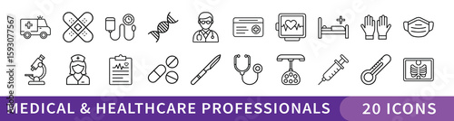 Medical and Healthcare Professionals Line Icon Set, Set of 20 thin line icons featuring medical tools, healthcare staff, hospital equipment, and diagnostics for clinical, wellness, and emergency care 