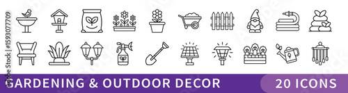 Gardening and Outdoor Decor Line Icon Set, Set of 20 thin line icons showcasing garden tools, potted plants, outdoor furniture, ornaments, and decorative landscaping elements for yard and patio design