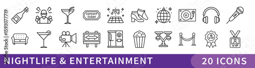 Nightlife and Entertainment Line Icon Set, Set of 20 thin line icons showcasing nightlife, parties, drinks, music, clubs, and entertainment venues for lifestyle and event-related projects.
