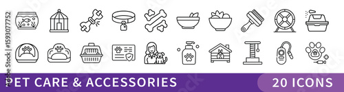 Pet Care and Accessories Line Icon Set, Set of 20 thin line icons representing pet supplies, grooming tools, food, habitats, and care essentials for animals and pet lovers.
