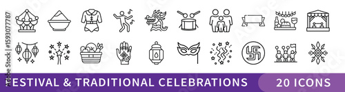 Festival and Traditional Celebrations Line Icon Set, Set of 20 thin line icons representing cultural festivals, traditional symbols, decorations, and celebration elements from global holiday customs a