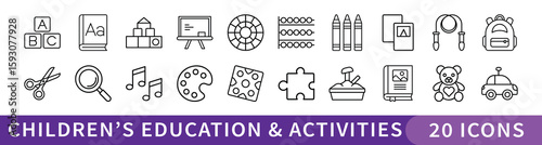 Children’s Education and Activity Line Icon Set, Set of 20 thin line icons representing early childhood education tools, creative activities, school supplies, and playful learning elements for kids.
