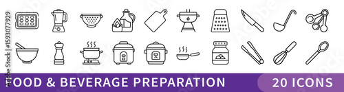 Food and Beverage Preparation Line Icon Set, Collection of 20 thin line icons illustrating tools and appliances for cooking, baking, mixing, and beverage preparation in kitchens and restaurants.
