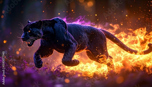 A fierce black panther in side profile, running at full speed made of vibrant purple flames, with motion blur and glowing purple fire particles set against a dark tropical jungle backdrop