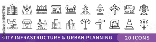 City Infrastructure and Urban Planning Icon Set, Collection of 20 thin line icons illustrating urban planning concepts, city buildings, transportation, utilities, and public infrastructure elements.
