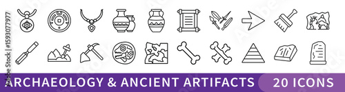 Archaeology and Ancient Artifact Icon Set, Set of 20 thin line icons depicting archaeology tools, ancient relics, ruins, bones, and historical artifacts—perfect for history-themed projects.
