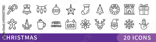 Christmas Holiday Celebration Line Icon Set, Collection of 20 thin line icons featuring Christmas elements like gifts, decorations, tree, snowflakes, and festive treats for seasonal design.
