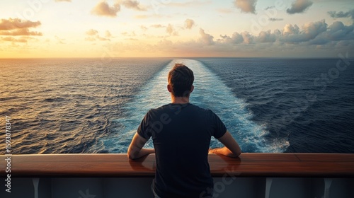 Man sitting alone watching the sea from cruise deck, introspective travel moment generative ai