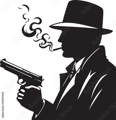 Silhouette man smoking gun noir style cigarette