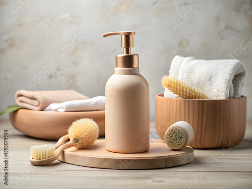 Beige pump bottle with wooden bath tools in soft neutral setting