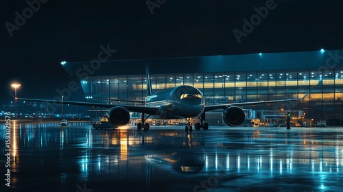 Airport exterior at night with plane boarding, generative ai