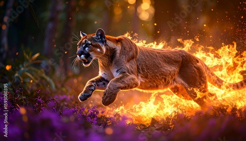 A fierce puma in side profile, blazing with vibrant purple flames, running at full speed through a lush tropical jungle, motion blur and glowing purple fire and amber particles trailing behind; wild 