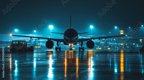 Airport exterior at night with plane boarding, generative ai