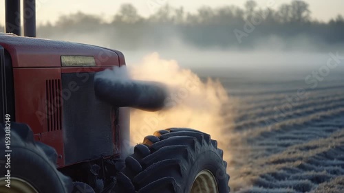 A red tractor emits exhaust smoke in a frosty field during early morning. The ground is covered with frost, and the sun is rising in the background.