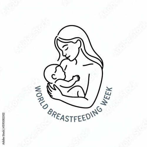 Stylized line drawing of mother breastfeeding baby, minimal logo, isolated, clip art, World Breastfeeding Week.
