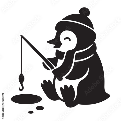 Cute cartoon penguin ice fishing, black and white vector illustration