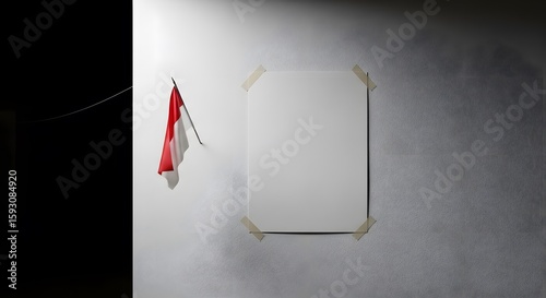 A minimalist composition featuring a white wall with a blank poster, a flag and abstract texture with selective lighting