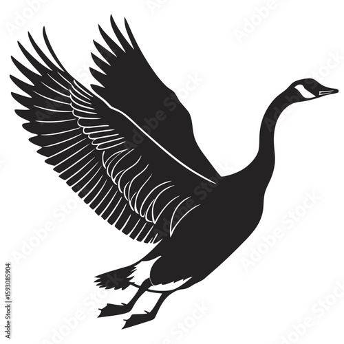 Black silhouette of a canada goose honking on grass isolated on white background