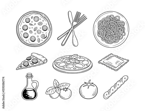 Hand drawn italian food icons featuring pizza pasta and fresh ingredients