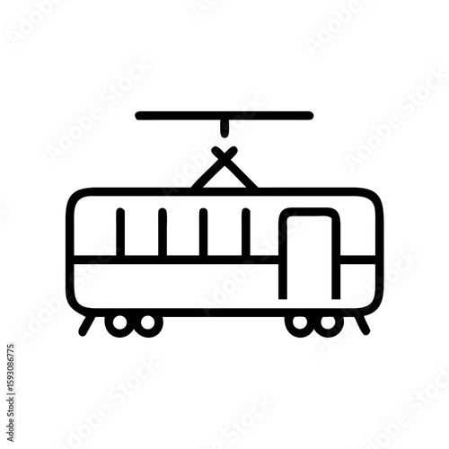 Tram with wires, minimalistic outline, black and white colors, urban transport concept
