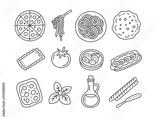 Hand drawn outline icons of popular italian food and ingredients