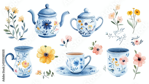 Elegant Tea Set Watercolor Clipart