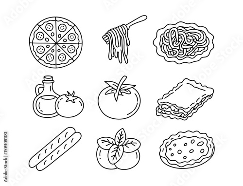 Collection of italian food icons featuring pizza pasta lasagna and ingredients
