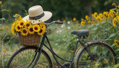 straw hat on vintage bicycle with basket full of sunflowers 