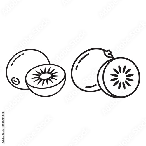 Whole and sliced kiwi fruits with seeds and skin vector