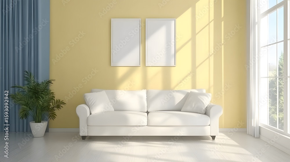 Fototapeta premium Modern Living Room Interior Design Mockup with White Sofa and Yellow Wall